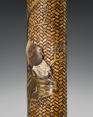 A FINE INLAID WOVEN RATTAN KISERUZUTSU WITH MANDARIN DUCKS AND PLUM BLOSSOMS