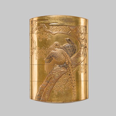YOYUSAI: A FINE FOUR-CASE GOLD LACQUER INRO DEPICTING PHEASANTS ON A CHERRY TREE