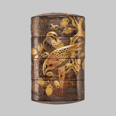 A FINE THREE-CASE STITCHED CHERRY-BARK AND LACQUER INRO DEPICTING PHEASANTS