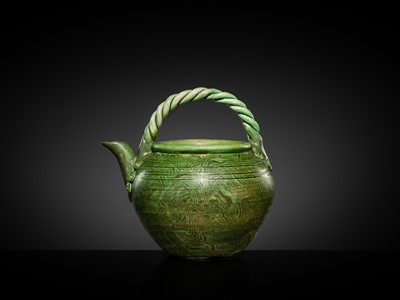 A GREEN-GLAZED MARBLED TEAPOT, LATE TANG DYNASTY-EARLY LIAO DYNASTY