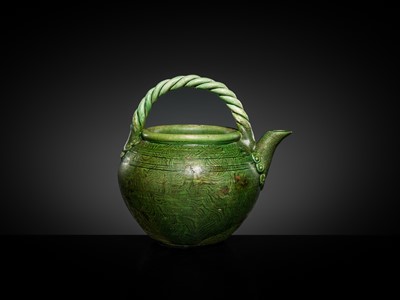 A GREEN-GLAZED MARBLED TEAPOT, LATE TANG DYNASTY-EARLY LIAO DYNASTY
