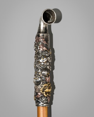 Lot 408 - A RARE INLAID SILVER AND BAMBOO KISERU (PIPE) WITH SHISHI AND PEONIES