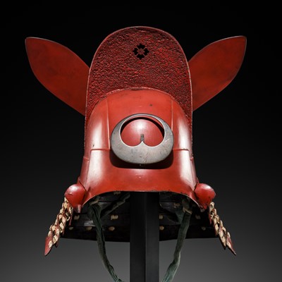 Lot 97 - A RARE RED-LACQUERED EBOSHI KAWARI KABUTO