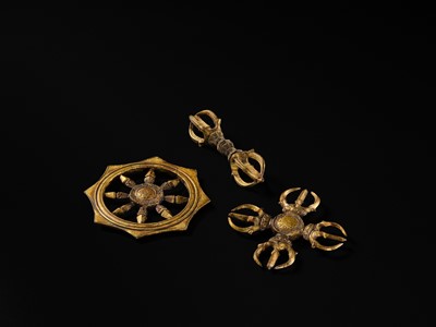 THREE GILT BRONZE BUDDHIST RITUAL OBJECTS: KATSUMA, RINPO, AND KONGO, KAMAKURA PERIOD