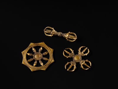 THREE GILT BRONZE BUDDHIST RITUAL OBJECTS: KATSUMA, RINPO, AND KONGO, KAMAKURA PERIOD