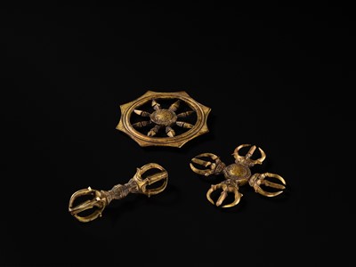 THREE GILT BRONZE BUDDHIST RITUAL OBJECTS: KATSUMA, RINPO, AND KONGO, KAMAKURA PERIOD