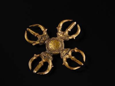 THREE GILT BRONZE BUDDHIST RITUAL OBJECTS: KATSUMA, RINPO, AND KONGO, KAMAKURA PERIOD