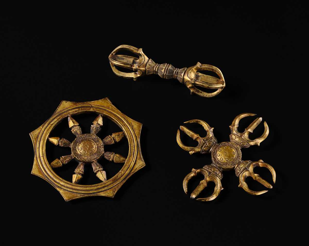 THREE GILT BRONZE BUDDHIST RITUAL OBJECTS: KATSUMA, RINPO, AND KONGO, KAMAKURA PERIOD