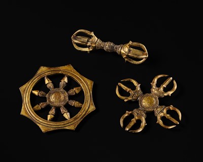 THREE GILT BRONZE BUDDHIST RITUAL OBJECTS: KATSUMA, RINPO, AND KONGO, KAMAKURA PERIOD