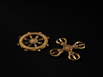 TWO GILT BRONZE BUDDHIST RITUAL OBJECTS: KATSUMA AND RINPO, KAMAKURA PERIOD