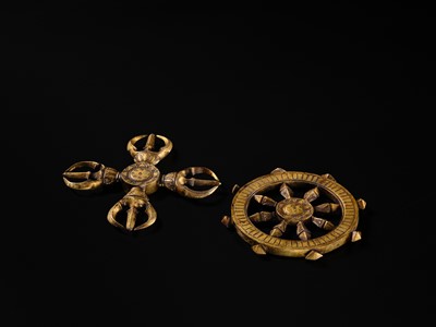 TWO GILT BRONZE BUDDHIST RITUAL OBJECTS: KATSUMA AND RINPO, KAMAKURA PERIOD