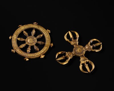 TWO GILT BRONZE BUDDHIST RITUAL OBJECTS: KATSUMA AND RINPO, KAMAKURA PERIOD