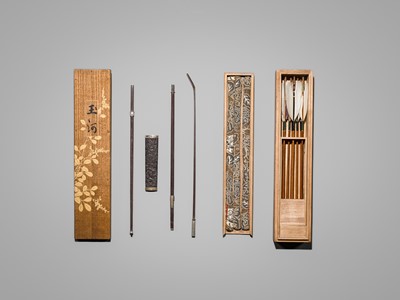 TOMOKATSU AND SHOSHINSAI: A RARE MINIATURE 'THE JEWELED RIVERS' INDOOR ARCHERY SET