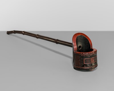 Lot 77 - TANPO TSUJI: A RARE CHOKOKU-NURI TAKAOKA LACQUER HISHAKU (WATER LADLE)