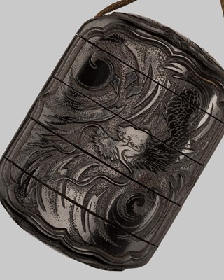 Lot 374 - A FINE FOUR-CASE TSUIKOKU (CARVED BLACK LACQUER) INRO DEPICTING DRAGONS AND BATS