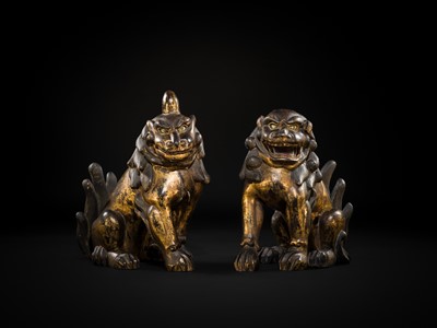Lot 102 - AN IMPRESSIVE PAIR OF LARGE POLYCHROME AND GILT-LACQUERED WOOD KOMAINU (KOREAN GUARDIAN DOGS), KAMAKURA TO NANBOKUCHO PERIOD