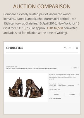 Lot 102 - AN IMPRESSIVE PAIR OF LARGE POLYCHROME AND GILT-LACQUERED WOOD KOMAINU (KOREAN GUARDIAN DOGS), KAMAKURA TO NANBOKUCHO PERIOD