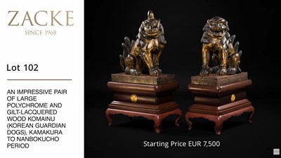 Lot 102 - AN IMPRESSIVE PAIR OF LARGE POLYCHROME AND GILT-LACQUERED WOOD KOMAINU (KOREAN GUARDIAN DOGS), KAMAKURA TO NANBOKUCHO PERIOD