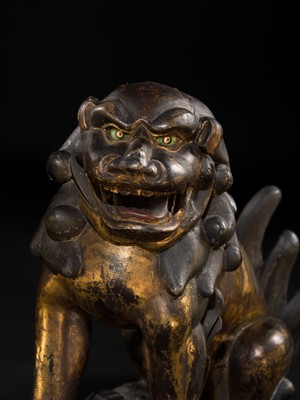 Lot 102 - AN IMPRESSIVE PAIR OF LARGE POLYCHROME AND GILT-LACQUERED WOOD KOMAINU (KOREAN GUARDIAN DOGS), KAMAKURA TO NANBOKUCHO PERIOD