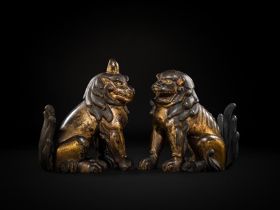 Lot 102 - AN IMPRESSIVE PAIR OF LARGE POLYCHROME AND GILT-LACQUERED WOOD KOMAINU (KOREAN GUARDIAN DOGS), KAMAKURA TO NANBOKUCHO PERIOD