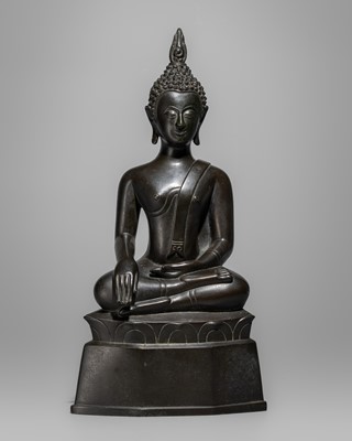 Lot 1496 - A BRONZE FIGURE OF A SEATED BUDDHA, NORTHERN SUKHOTHAI STYLE