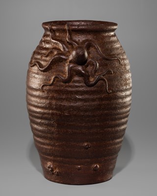 Lot 21 - AN IRON VASE IN THE FORM OF A TAKOTSUBO (OCTOPUS POT)