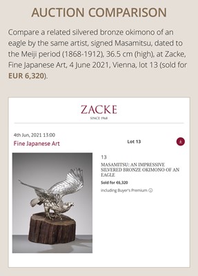 Lot 9 - MASAMITSU: AN IMPRESSIVE SILVER-PATINATED BRONZE OKIMONO OF TWO CRANES ON A ROCK