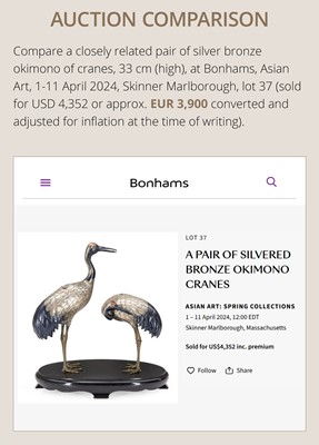 Lot 9 - MASAMITSU: AN IMPRESSIVE SILVER-PATINATED BRONZE OKIMONO OF TWO CRANES ON A ROCK