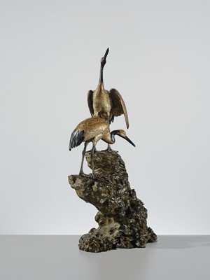 Lot 9 - MASAMITSU: AN IMPRESSIVE SILVER-PATINATED BRONZE OKIMONO OF TWO CRANES ON A ROCK