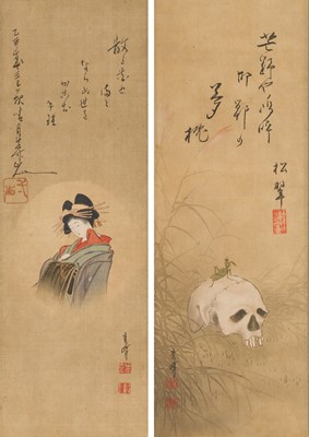 Lot 1347 - NAKAJIMA RAISYO: A SET OF TWO HANGING SCROLL PAINTINGS DEPICTING A SKULL AND A BIJIN