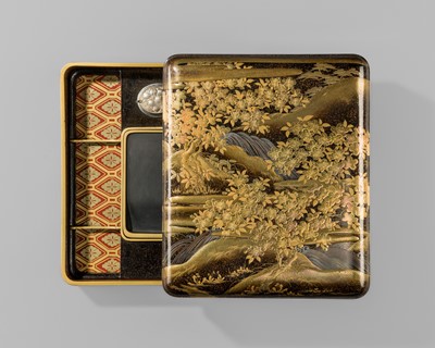 Lot 275 - A FINE LACQUER SUZURIBAKO (WRITING BOX) WITH CHERRY BLOSSOMS AND MAPLES IN SEASONAL CONTRAST