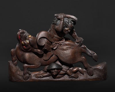 Lot 69 - A LARGE INLAID WOOD WALL HANGING DEPICTING A COMBAT SCENE