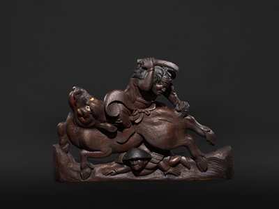 A LARGE INLAID WOOD WALL HANGING DEPICTING A COMBAT SCENE