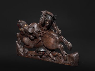 A LARGE INLAID WOOD WALL HANGING DEPICTING A COMBAT SCENE