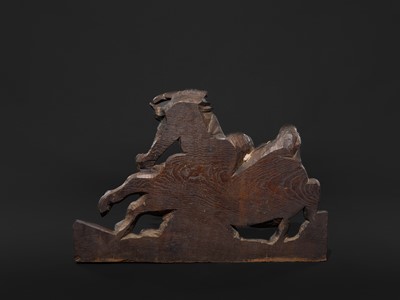 A LARGE INLAID WOOD WALL HANGING DEPICTING A COMBAT SCENE