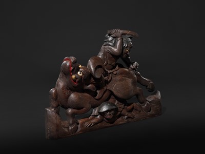 A LARGE INLAID WOOD WALL HANGING DEPICTING A COMBAT SCENE