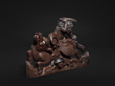 A LARGE INLAID WOOD WALL HANGING DEPICTING A COMBAT SCENE