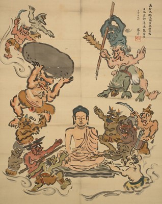 Lot 1368 - KANGETSU: A LARGE HANGING SCROLL PAINTING DEPICTING BUDDHA AND DEMONS
