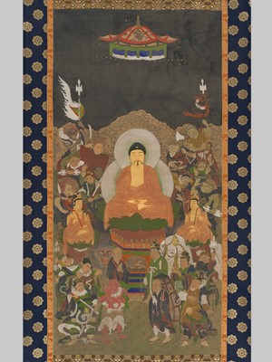 Lot 1359 - A LARGE HANGING SCROLL PAINTING DEPICTING BUDDHA AND ATTENDANTS