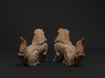 A PAIR OF WOOD KOMAINU (KOREAN GUARDIAN DOGS)