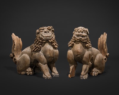 Lot 68 - A PAIR OF WOOD KOMAINU (KOREAN GUARDIAN DOGS)