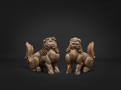 A PAIR OF WOOD KOMAINU (KOREAN GUARDIAN DOGS)