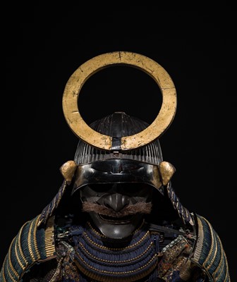 A FINE NIMAI OKEGAWA DO GUSOKU (TWO-PIECE CUIRASS ARMOR) WITH A BLACK-LACQUERED IRON SUJIBACHI KABUTO AND RESSEI MENPO