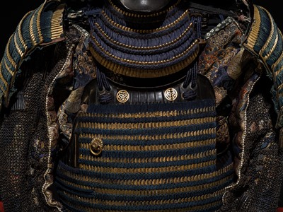 A FINE NIMAI OKEGAWA DO GUSOKU (TWO-PIECE CUIRASS ARMOR) WITH A BLACK-LACQUERED IRON SUJIBACHI KABUTO AND RESSEI MENPO
