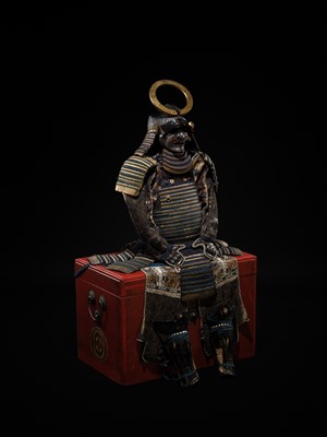 A FINE NIMAI OKEGAWA DO GUSOKU (TWO-PIECE CUIRASS ARMOR) WITH A BLACK-LACQUERED IRON SUJIBACHI KABUTO AND RESSEI MENPO