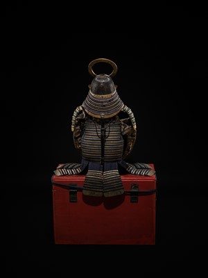 A FINE NIMAI OKEGAWA DO GUSOKU (TWO-PIECE CUIRASS ARMOR) WITH A BLACK-LACQUERED IRON SUJIBACHI KABUTO AND RESSEI MENPO