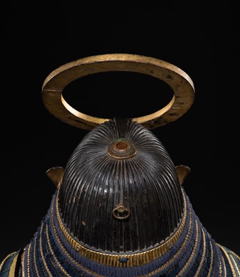 A FINE NIMAI OKEGAWA DO GUSOKU (TWO-PIECE CUIRASS ARMOR) WITH A BLACK-LACQUERED IRON SUJIBACHI KABUTO AND RESSEI MENPO