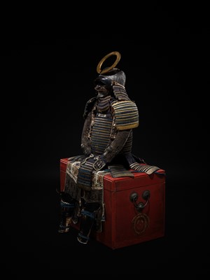 A FINE NIMAI OKEGAWA DO GUSOKU (TWO-PIECE CUIRASS ARMOR) WITH A BLACK-LACQUERED IRON SUJIBACHI KABUTO AND RESSEI MENPO