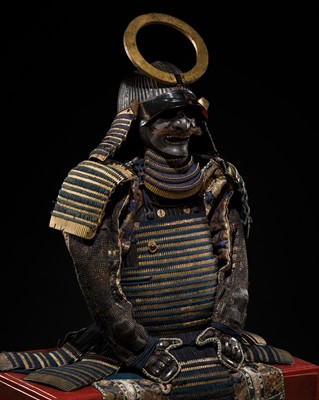 A FINE NIMAI OKEGAWA DO GUSOKU (TWO-PIECE CUIRASS ARMOR) WITH A BLACK-LACQUERED IRON SUJIBACHI KABUTO AND RESSEI MENPO