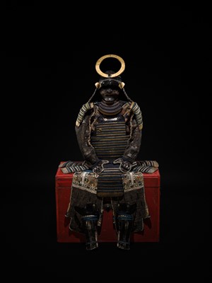 A FINE NIMAI OKEGAWA DO GUSOKU (TWO-PIECE CUIRASS ARMOR) WITH A BLACK-LACQUERED IRON SUJIBACHI KABUTO AND RESSEI MENPO